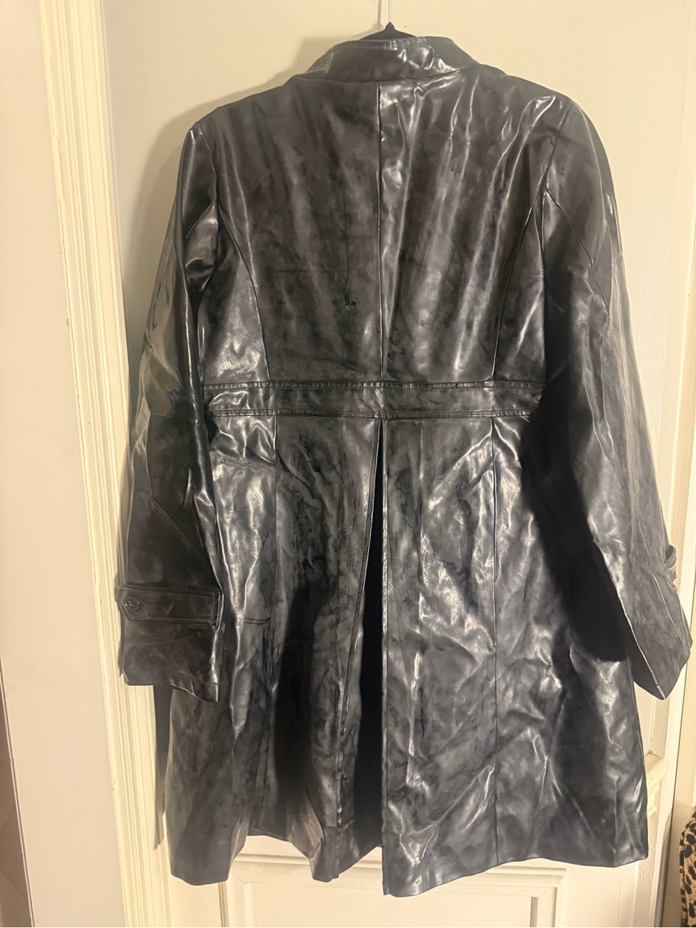 Bagatelle Black Faux Leather Trench Coat Women’s Large Belted Look Vegan - Picture 2 of 7